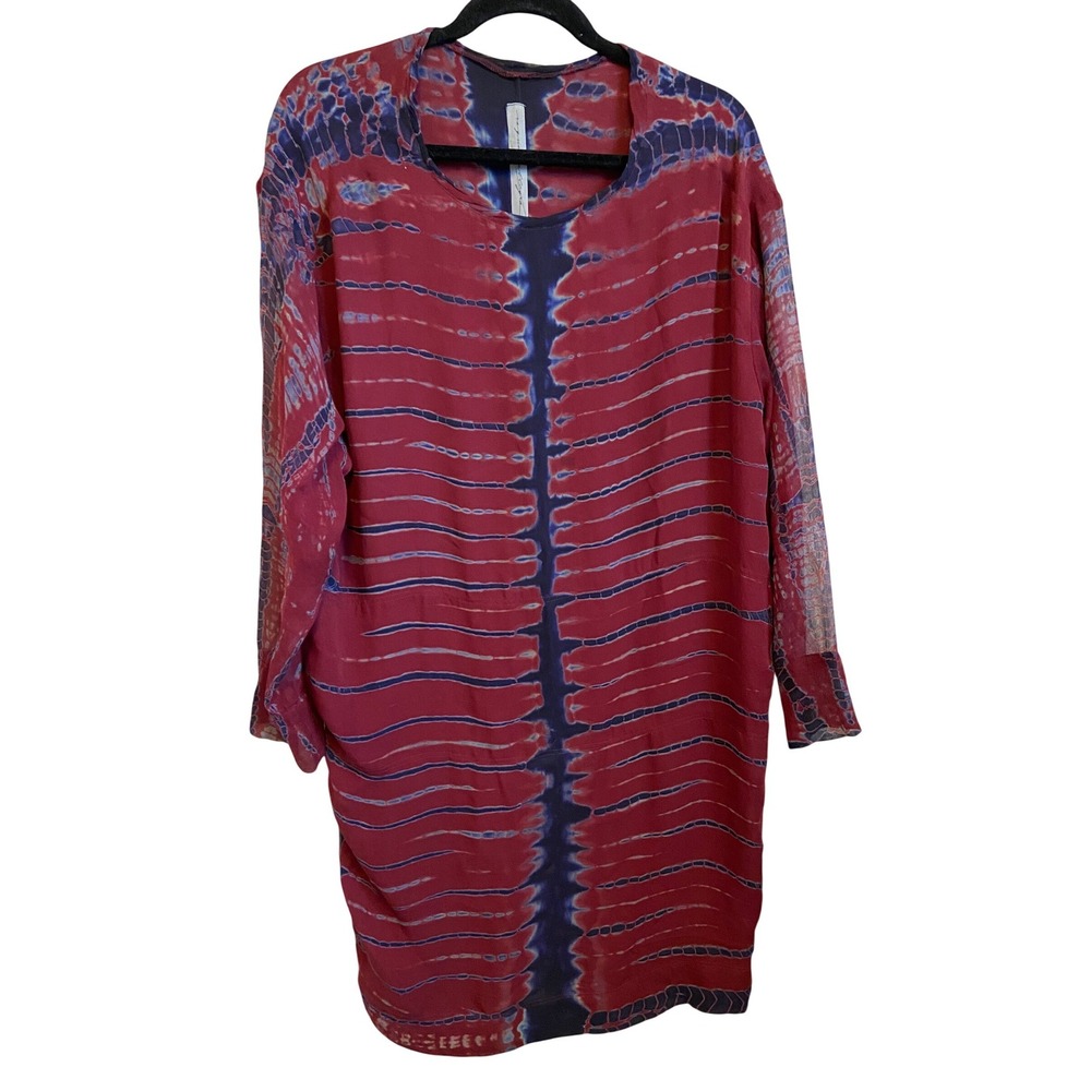 Raquel Allegra Silk Tie Dye Shift Dress Burgundy Navy Long Sleeve Made in‎ USA